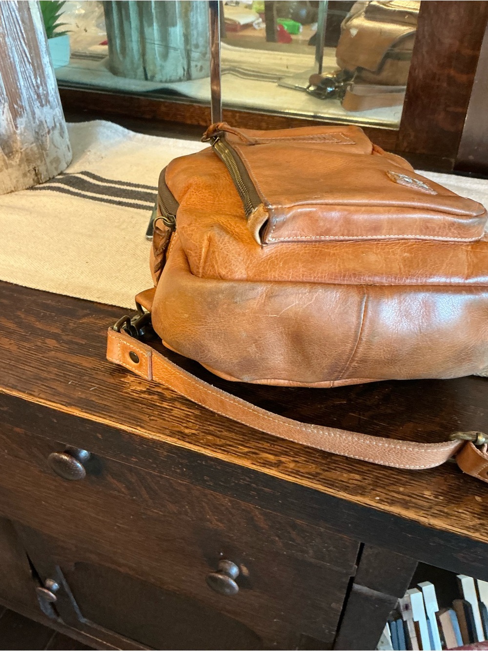 Bed Stu Leather Beau Unisex Backpack Sling Bag Tan Rustic MSRP $260 - Picture 9 of 14